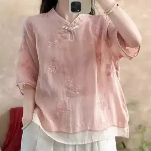 엘럽 여성 봄 자수 넥 셔츠 가짜 모시 저고리 치파오 펀칭 물방울 원템1