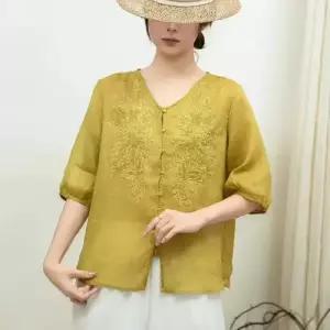 엘럽 슬림핏 자수 상의 모시 통기성 셔츠 린넨 여성용 빈티지 봄 원템1