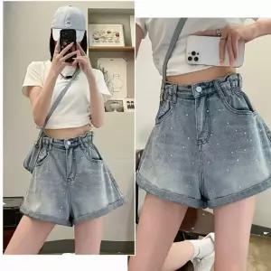 바지 청 빈티지 여사친 스모크 롤업 와이드 청반바지 A라인 반바지 꽃봉오리 허리 KS1