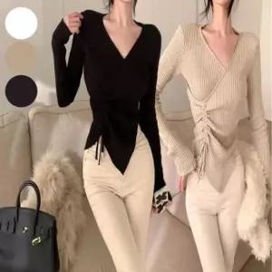 [의류] 여성 골지 슬림핏 V넥 랩스타일 셔링 긴팔 니트