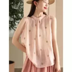 투피스 여성용 민소매 블라우스 자수 모시 나시 뒤 리본 셔츠 KS1