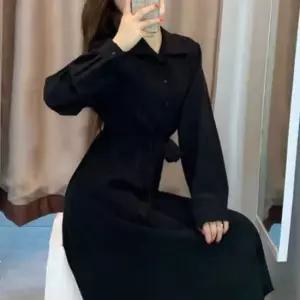 [의류] 블랙 카라넥 원피스 허리 스트링 하객룩 롱원피스