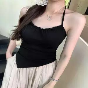 여성 4컬러 슬림핏 홀터넥 스타일 스트랩 끈나시탑