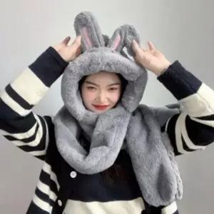 토끼 귀 후드 일체형 머플러 장갑 그레이 겨울 방한 모자 목도리