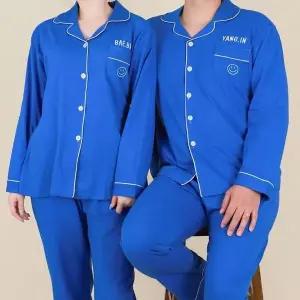 주문제작 블루 스마일 파자마 홈웨어 남녀 커플 상하의 세트 잠옷
