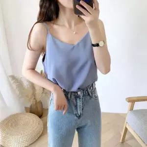 여름철 쿨냉감 여자 브이넥 실크 새틴 끈나시