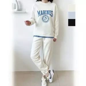 따뜻한 기모 안감 영문 여성 맨투맨 조거 바지 세트