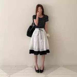 |KMK1A0D|여성 봄 시즌 폴리 소재 밴딩 티어드 미디 스커트