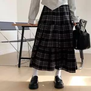 |KMK1A1D|여성용 사계절 코튼 체크 롱스커트 티어드 스타일