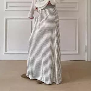 |KMK19F2|여성용 봄 여름 코튼 스트라이프 롱 스커트