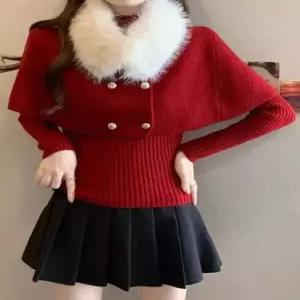 여사친 빨강 니트 겨울 베이직 배색 퍼 칼라 크리스마스 망토 케이프 SPO마켓1