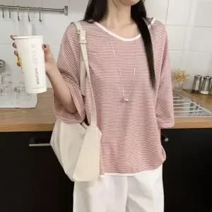 [다잇템] 여자 빅사이즈 반소매 단가라 V넥 폴리혼방 상의