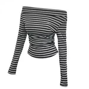 [RIZPICK]오프숄더 셔링 단가라 긴팔 티셔츠 유니크 스트라이프 탑