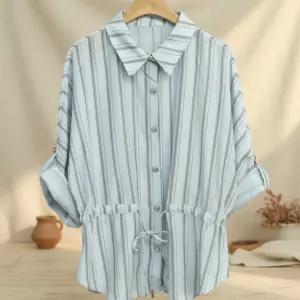 여성 린넨 스트라이프 허리끈 루즈 셔츠