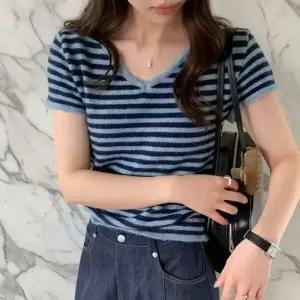 아트박스/신상오픈런 여성용 브이넥 스트라이프 반팔 니트 티셔츠