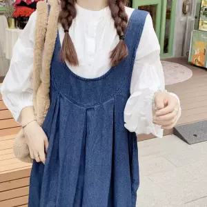 여성 청 데님 뷔스티에 체형커버 뒷주름 리본 롱 원피스 MSE-WDR-20268-진청
