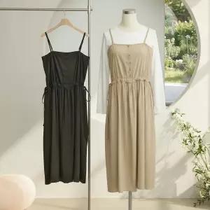 여성 끈나시 허리스트링 레이어드 롱 원피스 JR-WDR-5170-베이지