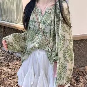 [의류] 그린 꽃패턴 루즈핏 블라우스 20대 여대생 상큼한 룩