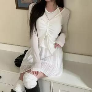 [하프클럽/옷자락]여자 간절기 레이어드 셔링 시스루 긴팔 티셔츠