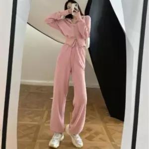 여성 일상용 루즈핏 크롭 후드 집업 와이드 트레이닝 세트