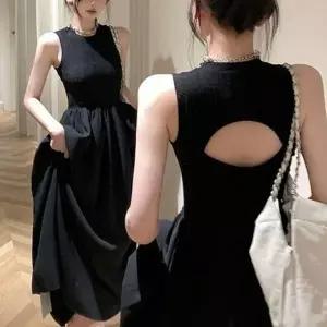 여성 민소매 백리스 롱원피스 여름 드레스