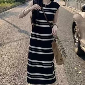 여성 여름 스트라이프 슬리브리스 롱원피스