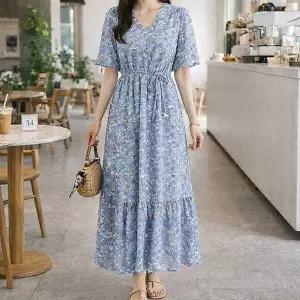여자 플라워 스트링 롱원피스 여름 데일리룩