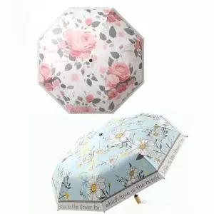 [콩심팥심]플라워 우드 손잡이 3단 접이식 양산 휴대 우산 암막 우드손잡이 꽃