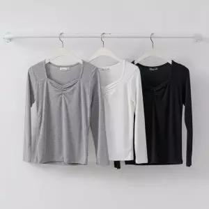 여성 슬림핏 브이넥 롱소매 셔링 티셔츠 봄철 무채색