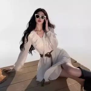 여성 브이넥 퍼프 소매 캉캉 프릴 미니 드레스