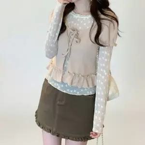 CCD2933여성 봄 여름 프릴 레이어드 시스루 가디건 세트