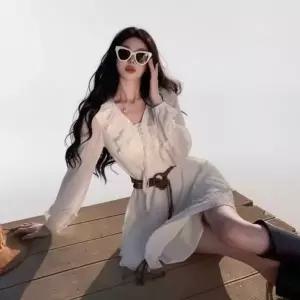 CCO59FD여성 브이넥 퍼프 소매 캉캉 프릴 미니 드레스