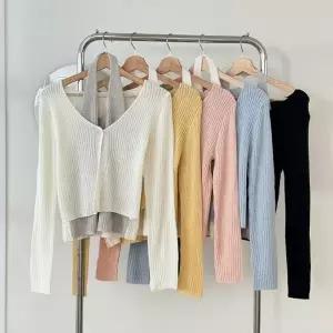 CSJ6DF2여성 봄 홀터넥 골지 나시 원버튼 파스텔 벚꽃 가디건