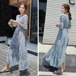 여자 여름 스트링 플라워 롱원피스