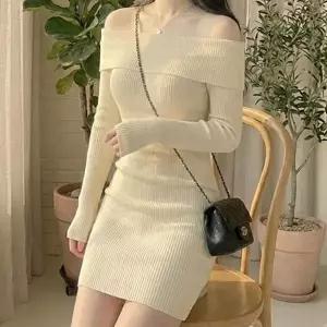 여성 미니 골지 오프숄더 슬림핏 긴팔 원피스
