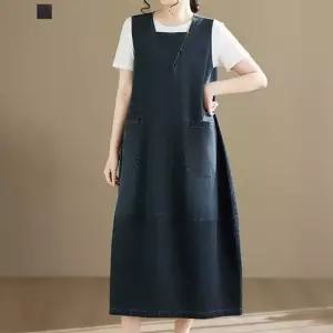 [퀸이즈] 데저 오버핏 스퀘어넥 버튼 포켓 데님 롱원피스