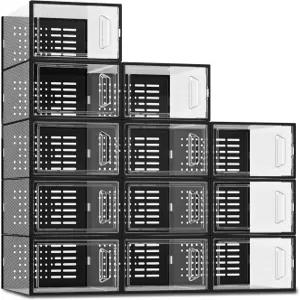 봄 신발 보관함 보기 옷장용 흰색 플라스틱 스태커블 정리함 신발장 및 홀더 스니커즈 용기 12팩 블랙