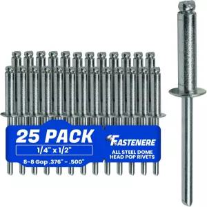 파스테니어 팝 리벳 - 1/4 x 1/2 (25개) 헤비 듀티 오픈 엔드 저탄소강 돔 헤드 블라인드 내식성 및 고전단