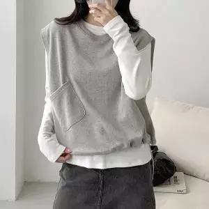 [하프클럽/옷자락]여자 사선포켓 스트링 면베스트 라운드넥 가을 조끼