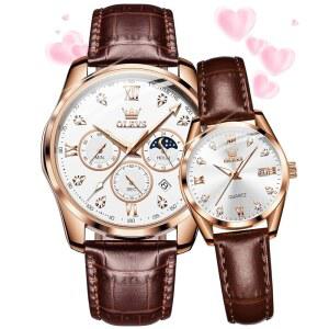 OLEVS 남성 시계 가죽 크로노그래프 럭셔리 패션 원피스 아날로그 쿼츠 손목 야광 방수 달 위상 날짜