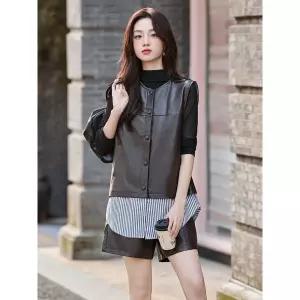 피로달 여자 가을 빈티지 라운드 반바지 정장세트 PU가죽 세트 조끼 스트라이프 3종 HO3