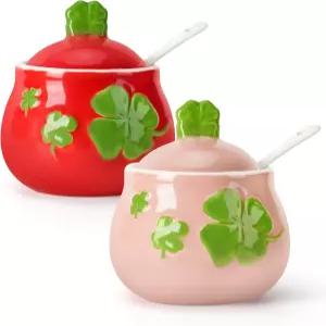 뚜껑이 있는 슈가볼 2종 세트 주방용 장식용 스파이스 병 커피 식탁 및 티타임 세라믹 소금 설탕 잼 또는