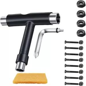 T3 Pro 올인원 스케이트보드 도구 세트 4개의 액슬 너트와 8개의 앨런 나사가 있는 블랙 스틸 T-핸들 너트