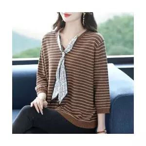 여성용 가을 니트 톱 칠부 이른 봄 스트라이프 스카프 브이넥 스웨터 KS3