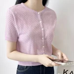 펀칭 시스루 스타일 여자 여름 반팔 니트 가디건 팔가디건 봄니트 여성상의