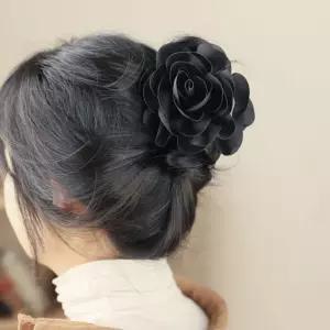 (엔젤슈슈) 쉬폰 플라워 집게핀(블랙)7CM고무줄 진주머리끈 얇은 골드메달 무매듭 엘라스틱헤어밴드 여성