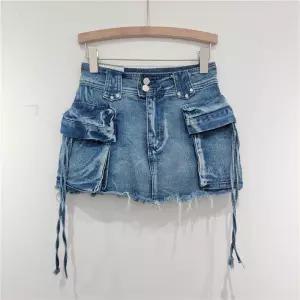 데님 미니 스커트 하이웨스트 카고 플리츠 A라인 미니스커트