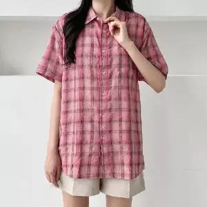 린넨 체크 반팔 셔츠 남녀공용 여름 캐주얼 남방 루즈핏 통기성