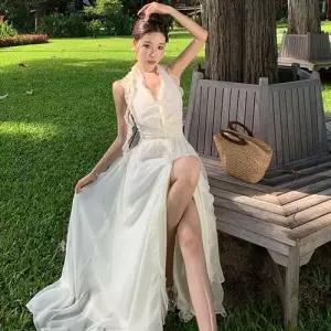 앤트맨 스커트 여성원피스 해변 바캉스 쉬폰 브이넥 트임 빅 밑단 선녀 홀터넥 OPH1