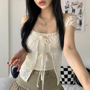 [청순여리/2col] 클라우드 일체형 홀터 나시 레이스 오프숄더 리본 블라우스
